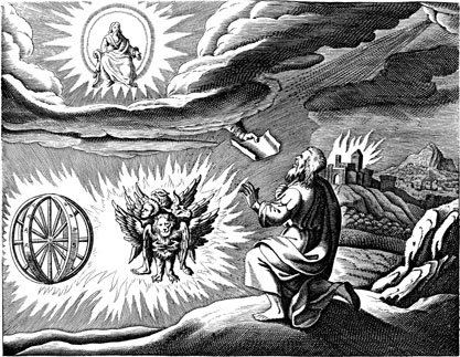 A copy of Matthaus Merian's engraving of Ezekiel's vision,  Iconum Biblicarum (1670)